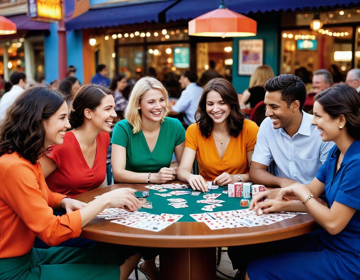 A whimsical scene featuring a group of diverse friends joyfully playing Rummy around a colorful table, with vibrant cards scattered about. The atmosphere is filled with laughter, showcasing playful expressions and dynamic poses. In the background, creative advertising strategies represented by bright billboards and colorful flyers emphasize connection and engagement. The overall mood radiates happiness and camaraderie. super-realistic. vibrant colors. warm lighting.