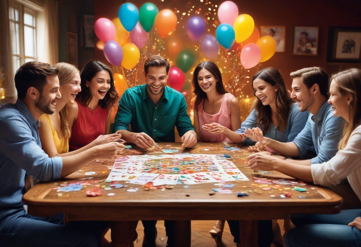 A joyful scene of diverse people playing rummy around a colorful table, with vibrant cards and cheerful expressions. Incorporate playful elements like balloons and confetti in the background to evoke a festive atmosphere. The lighting should be warm and inviting, perfect for creating connections. Capture the essence of friendship and fun. super-realistic. vibrant colors. playful illustration.