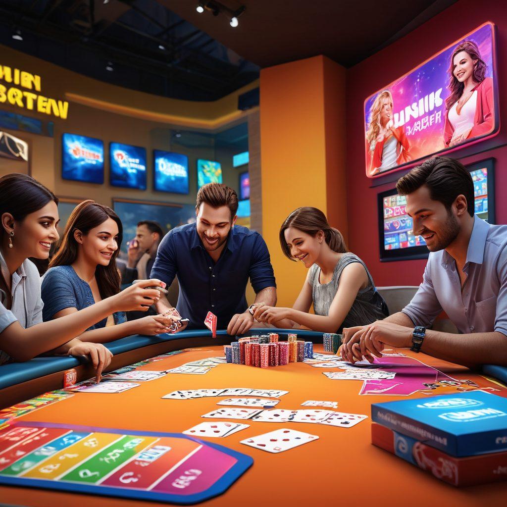 A dynamic scene showcasing a vibrant rummy game in progress, with colorful cards fanned out in the foreground, while innovative advertising elements, like branded banners and digital screens, blend seamlessly into the background. The atmosphere is filled with excitement, symbolizing a fusion of fun and strategic thinking. super-realistic. vibrant colors. 3D.